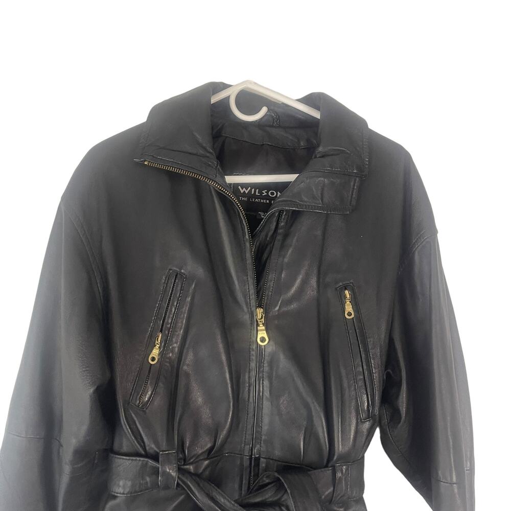 Wilson's Women's Large Vintage 80s Black Leather Moto‎ Biker Belted Jacket Coat - Picture 2 of 10